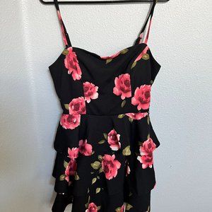 Francesca's Miami Black Spaghetti Strap Dress w/ Pink Floral Pattern & Peephole